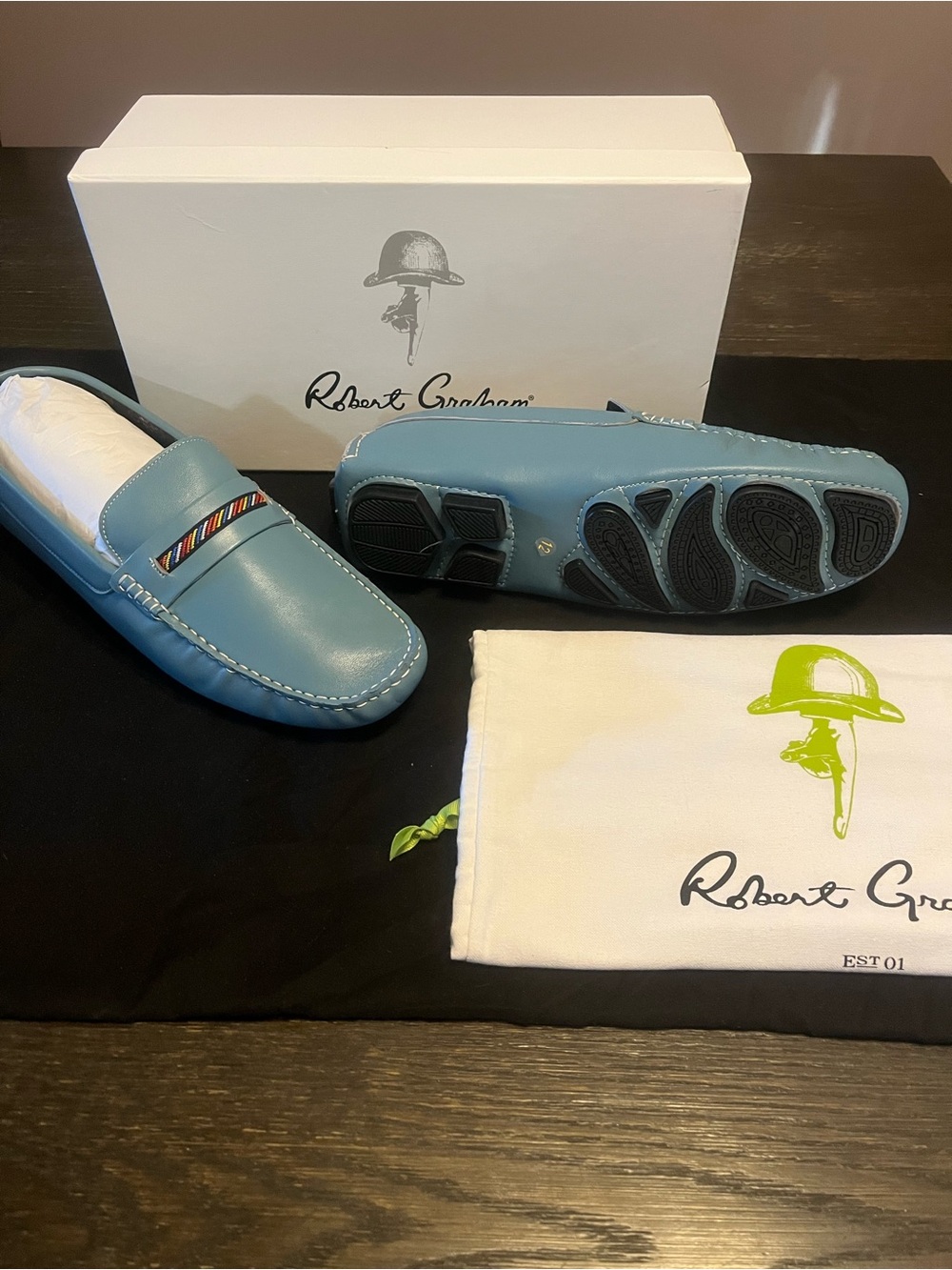 Robert Graham Teal Leather Slip-On Driving Loafers with Multicolor Band